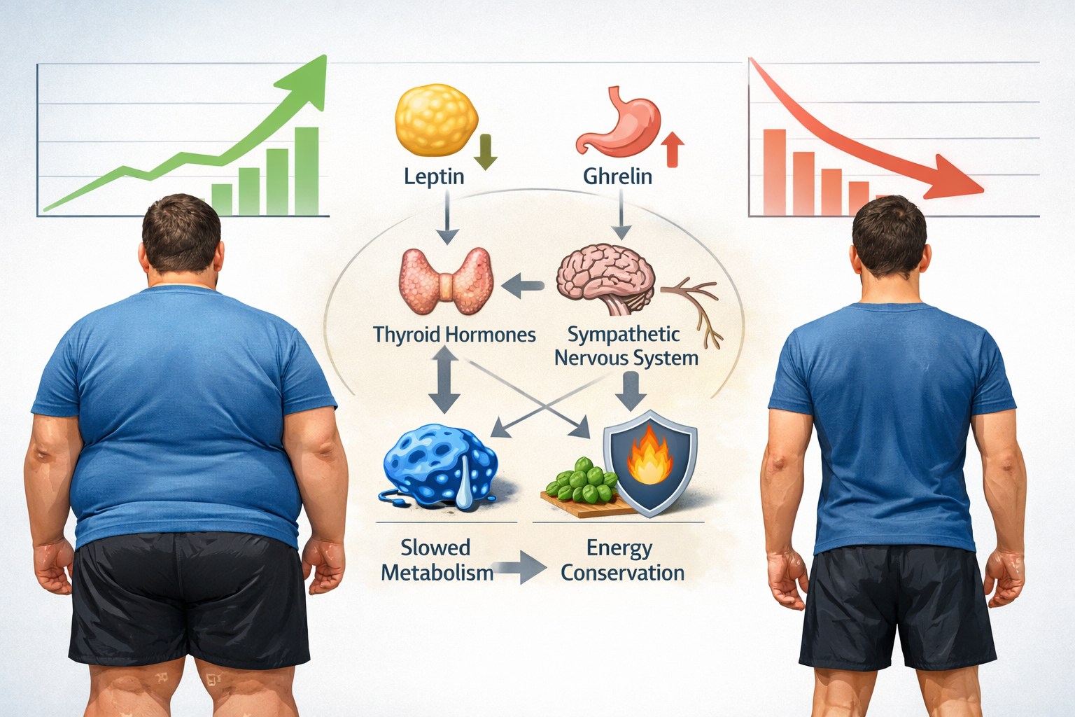 Detailed landscape format (1536x1024) image showing a before-and-after comparison of a person's body at different weights, with subtle graph