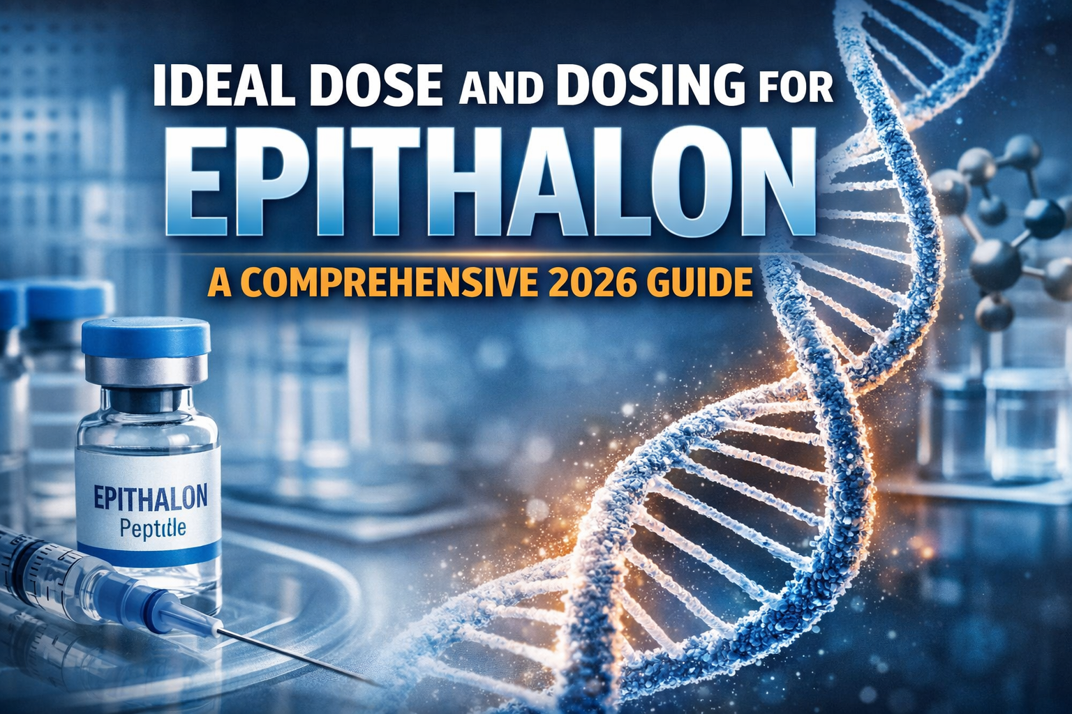 Professional landscape hero image (1536x1024) with bold text overlay: "Ideal Dose and Dosing for Epithalon: A Comprehensive 2026 Guide". Mod