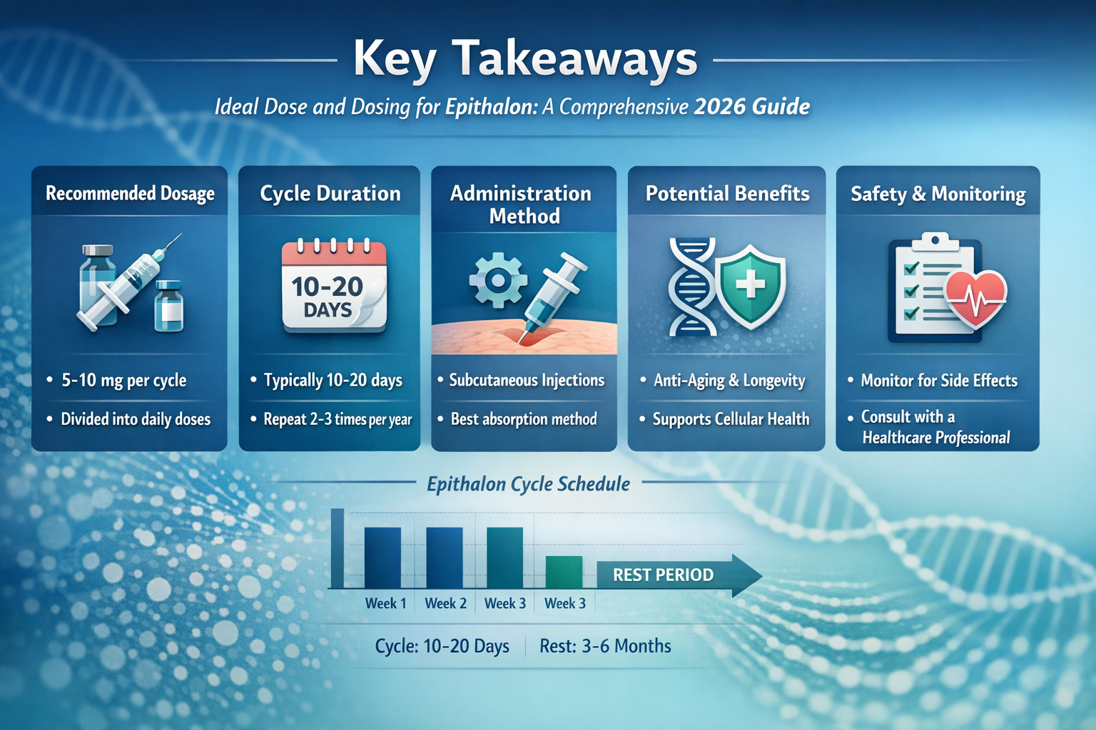 Professional landscape infographic (1536x1024) for article "Ideal Dose and Dosing for Epithalon: A Comprehensive 2026 Guide", section: "Key 