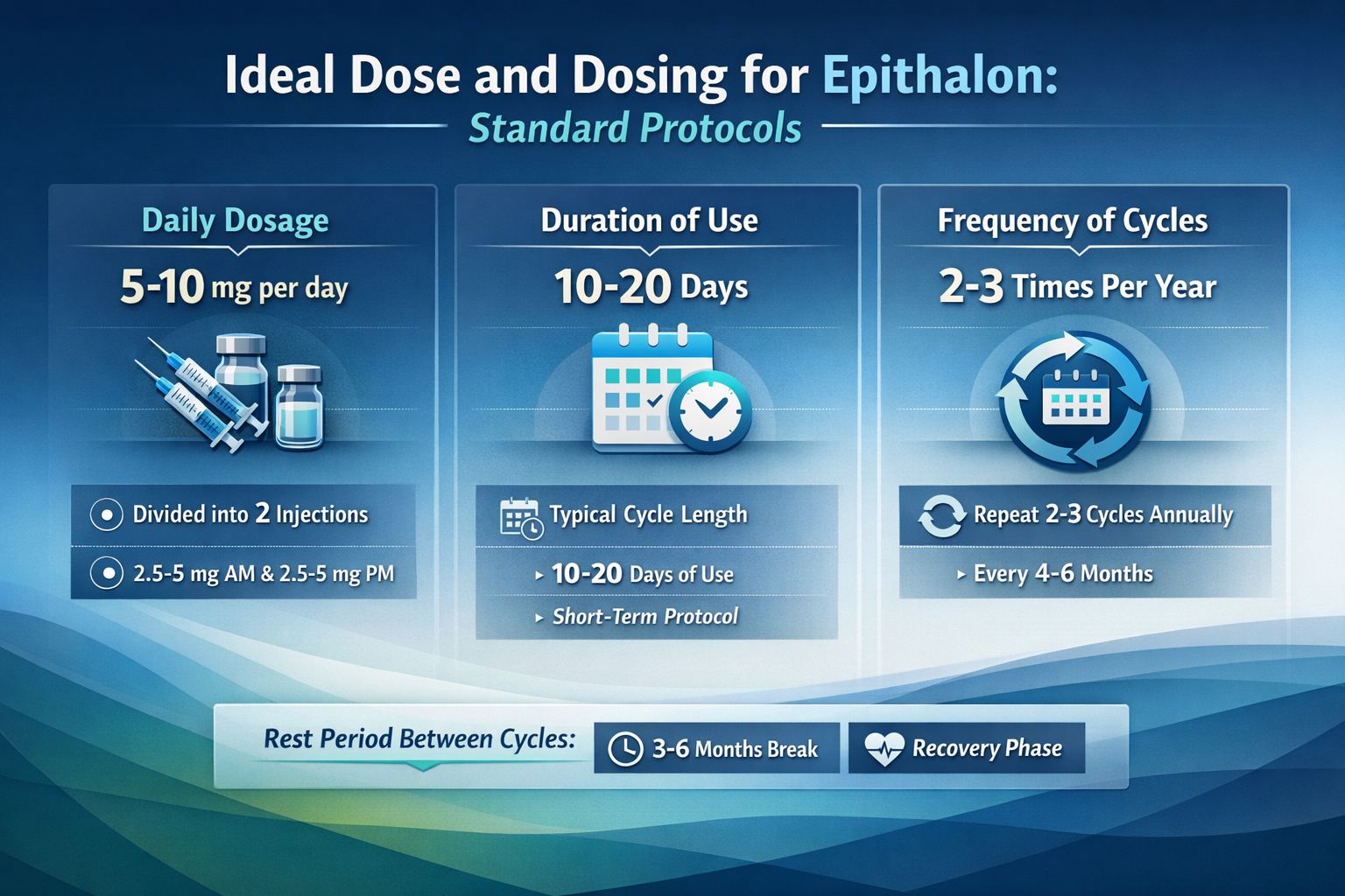 Professional landscape infographic (1536x1024) for article "Ideal Dose and Dosing for Epithalon: A Comprehensive 2026 Guide", section: "Idea