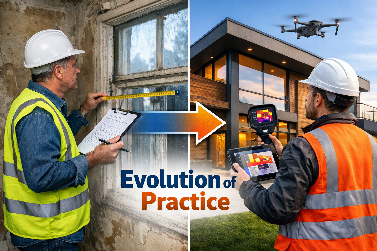 () editorial image showing split-screen comparison: left side displays traditional building surveyor with paper checklist