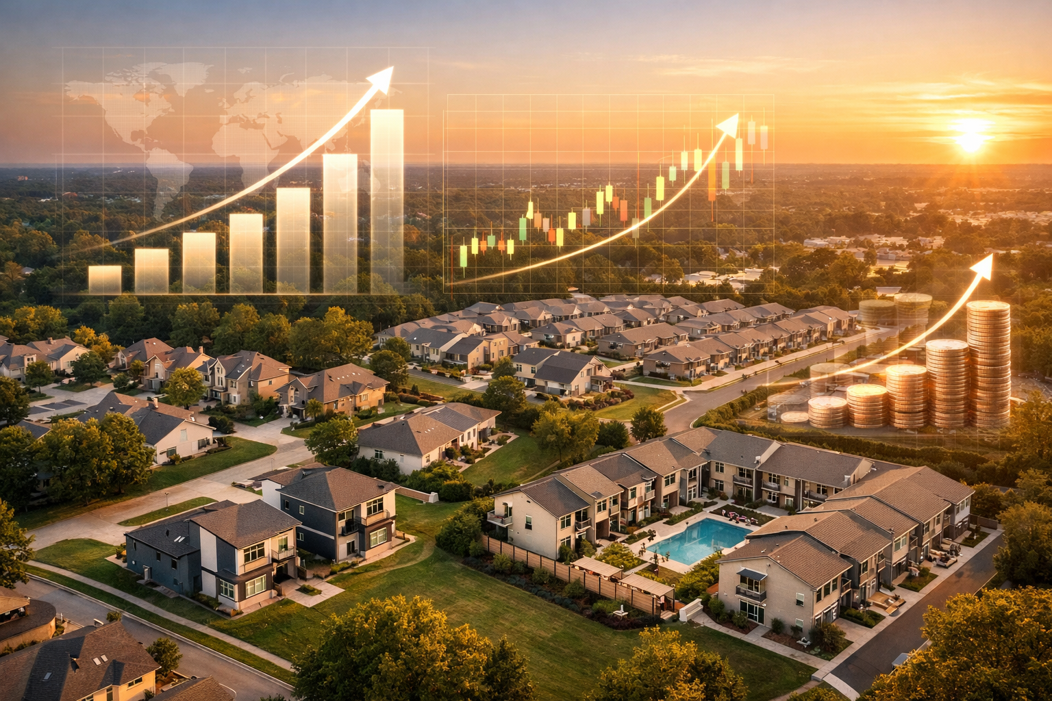 Aerial drone photograph of a diverse real estate portfolio landscape showing suburban single-family homes, a modern duplex,