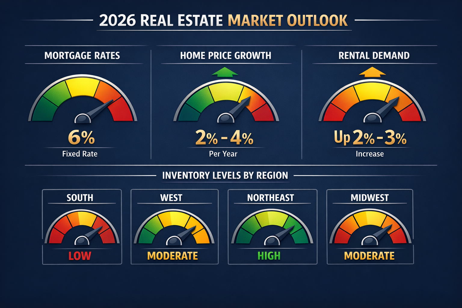Clean modern infographic comparing 2026 real estate market indicators: mortgage rates at 6%, home price growth 2-4%, rental