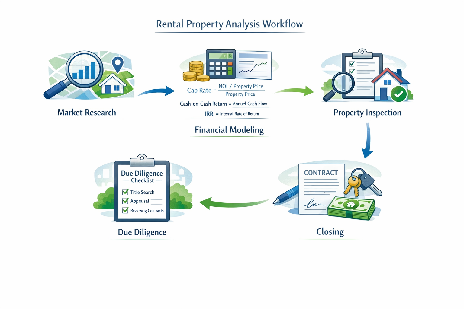Professional illustrated diagram of a rental property analysis workflow: starting with market research, moving through