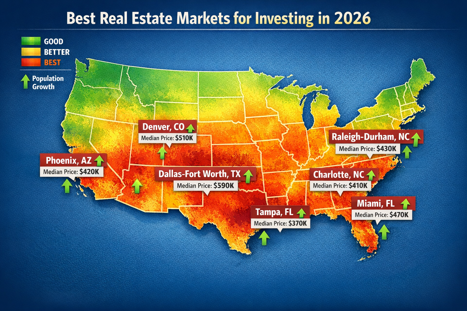 US heat map showing the best markets for real estate investing in 2026, highlighting Dallas-Fort Worth, Miami, Tampa,