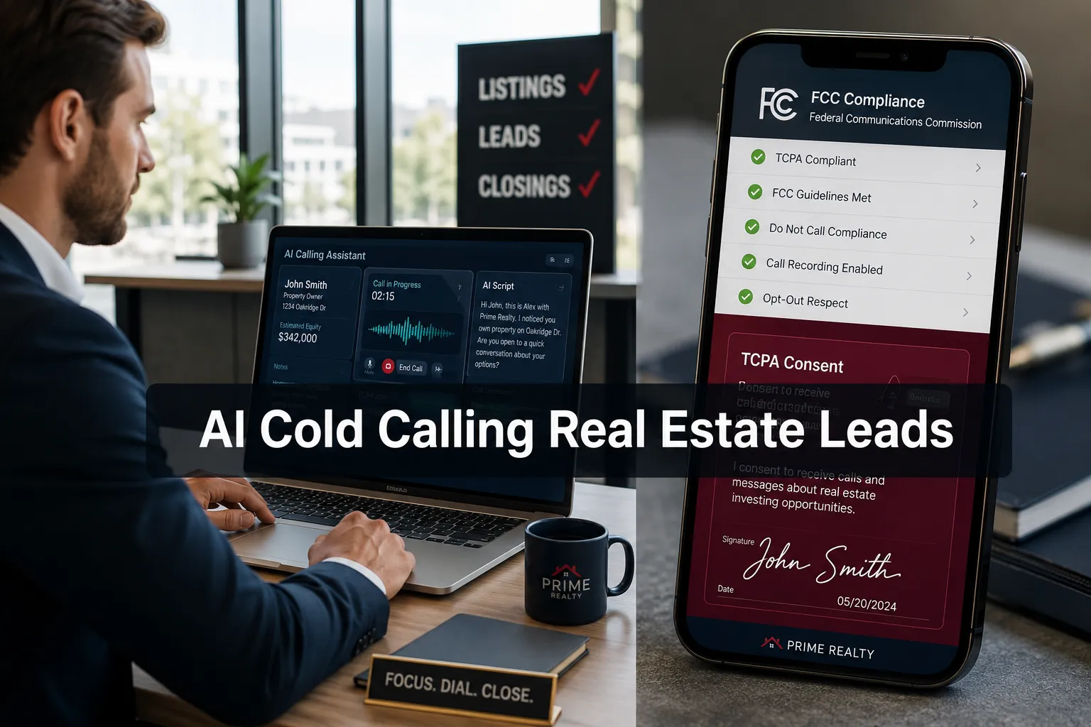 Professional () hero image with (≤42 chars): 'AI Cold Calling Real Estate Leads', white on a semi-transparent dark panel,