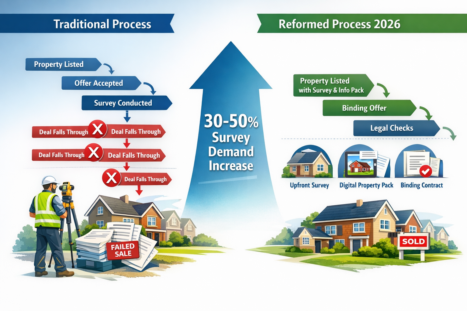 Detailed landscape format (1536x1024) infographic illustration showing the transformation of homebuying timeline comparison between current