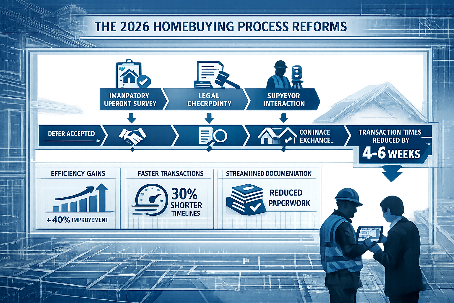 Detailed infographic visualizing the 2026 Homebuying Process Reforms landscape, featuring a dynamic architectural blueprint background with
