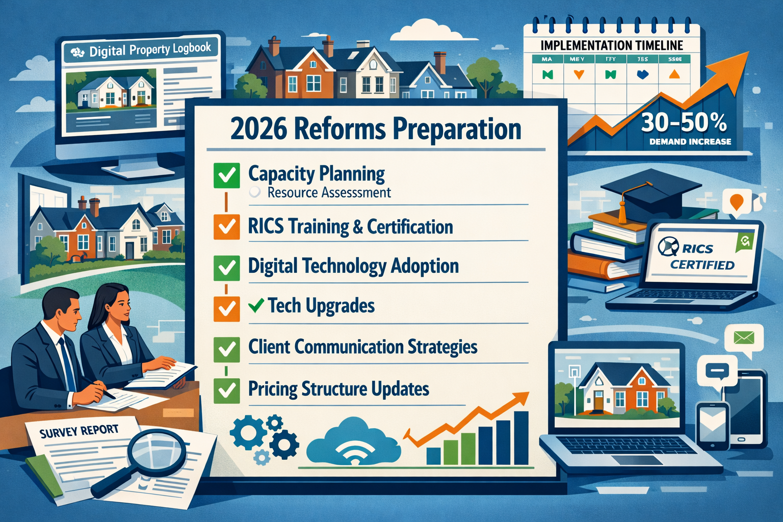Detailed landscape format (1536x1024) strategic planning illustration showing surveyor business preparation roadmap for 2026 reforms. Center