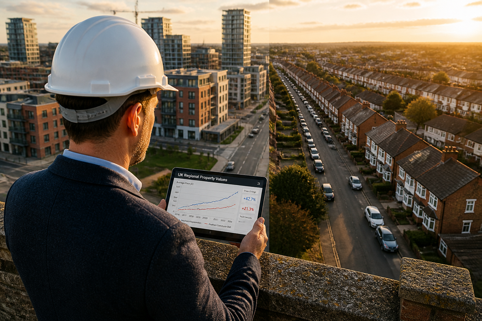 Wide-angle aerial photograph perspective of a professional chartered surveyor in a hard hat and suit jacket standing at the