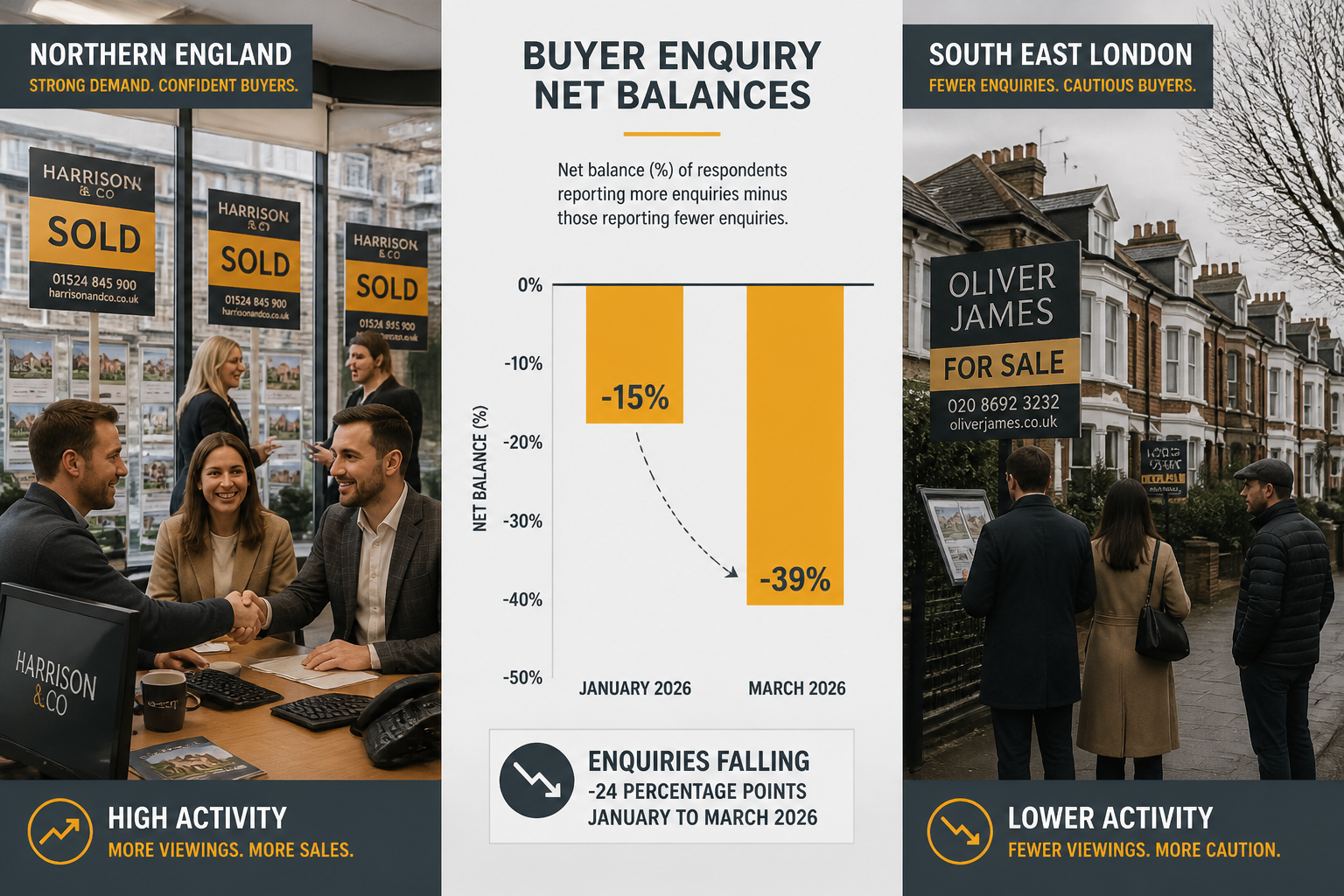 Split-screen editorial composition showing two contrasting market scenarios: left panel depicts a busy Northern England