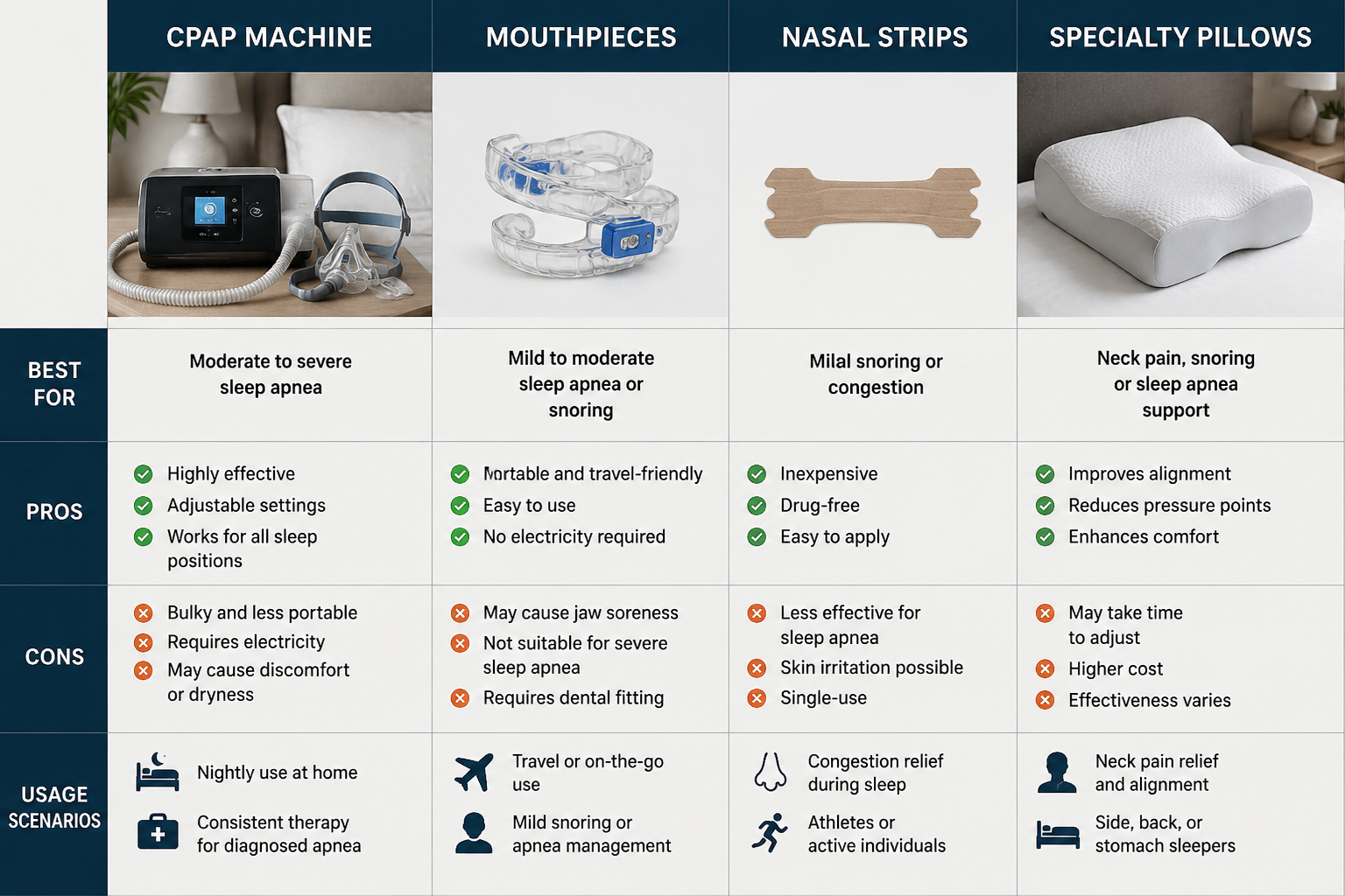 Product comparison chart displaying CPAP machine, mouthpieces, nasal strips, and specialty pillows with pros/cons icons and