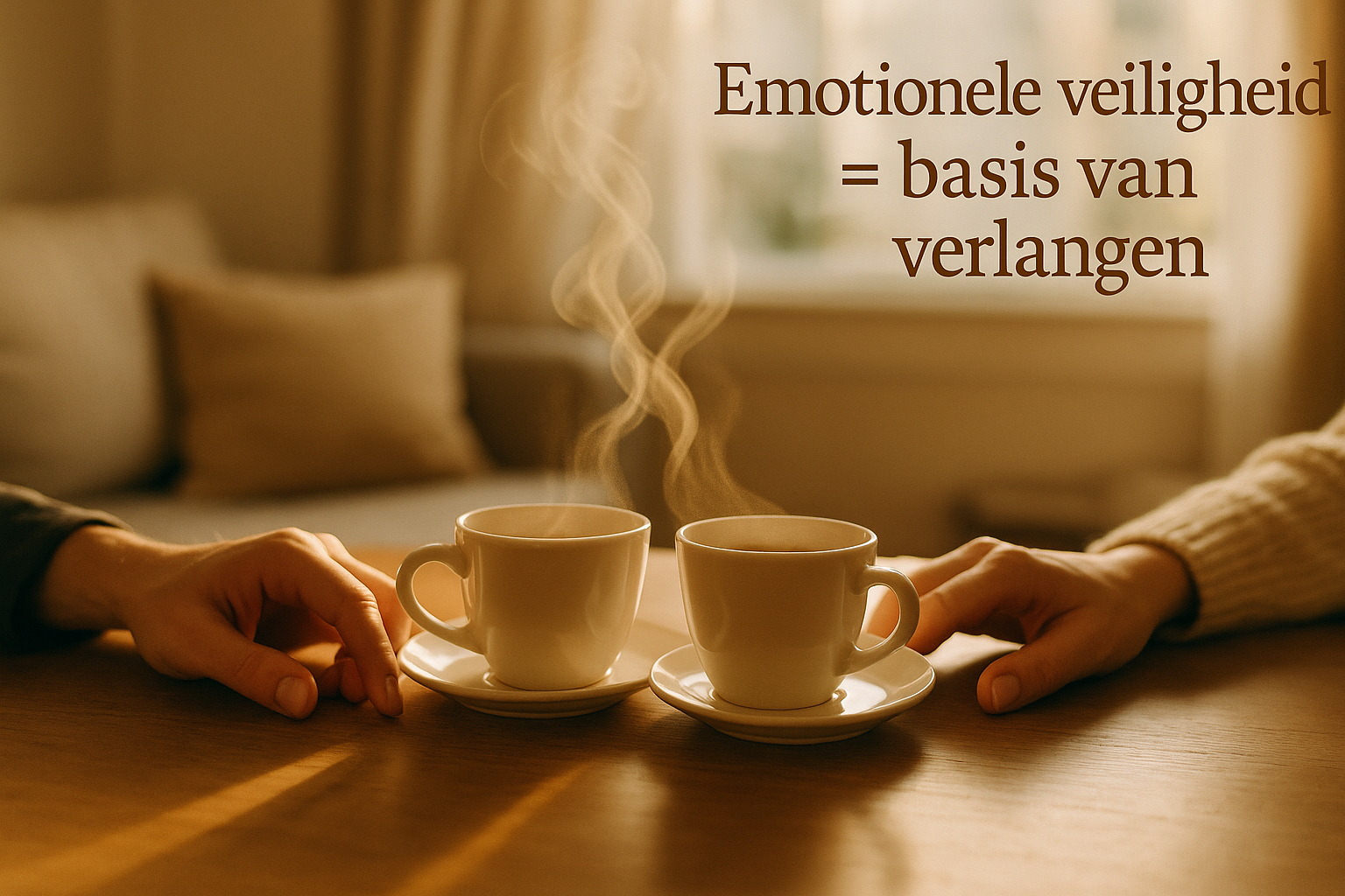 Landscape editorial image (1536x1024) showing visual metaphor for emotional safety and connection: two coffee cups side by side on wooden ta