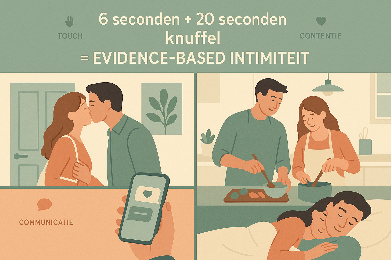 Landscape infographic-style image (1536x1024) depicting daily intimacy rituals: split-screen composition showing couple throughout day - mor