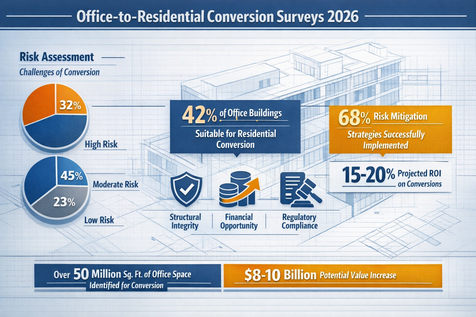 Infographic-style visual summarizing key takeaways of office-to-residential conversion surveys in 2026, featuring data visualization with pi