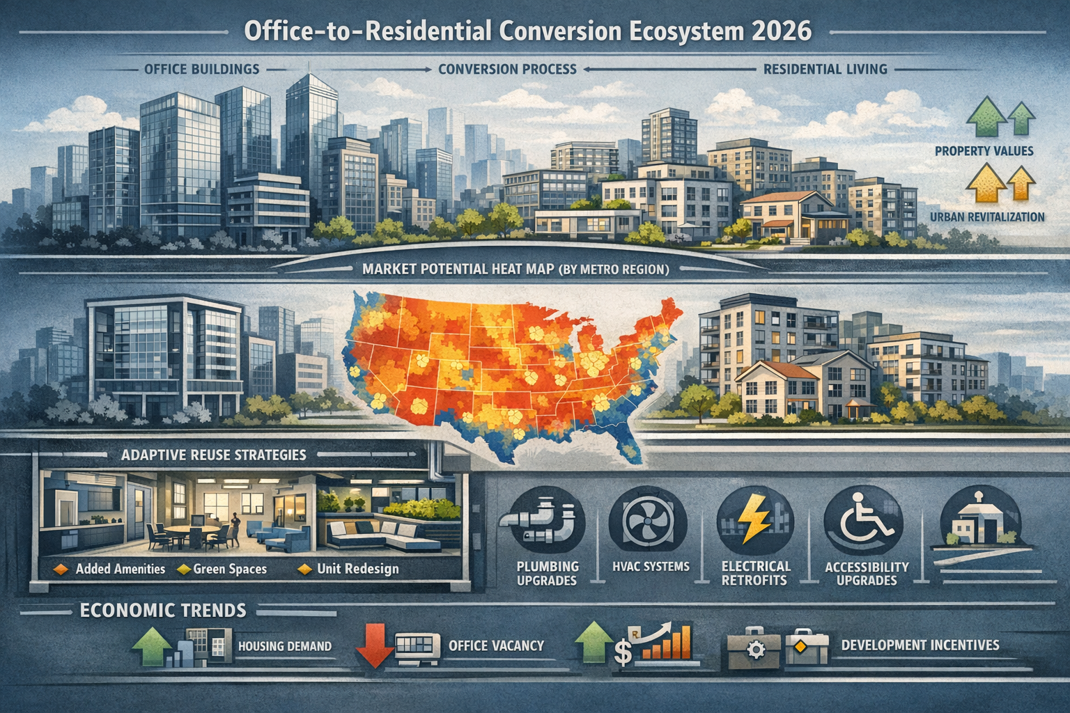 Comprehensive landscape visualization mapping the 2026 office-to-residential conversion ecosystem, featuring stylized urban skyline transiti