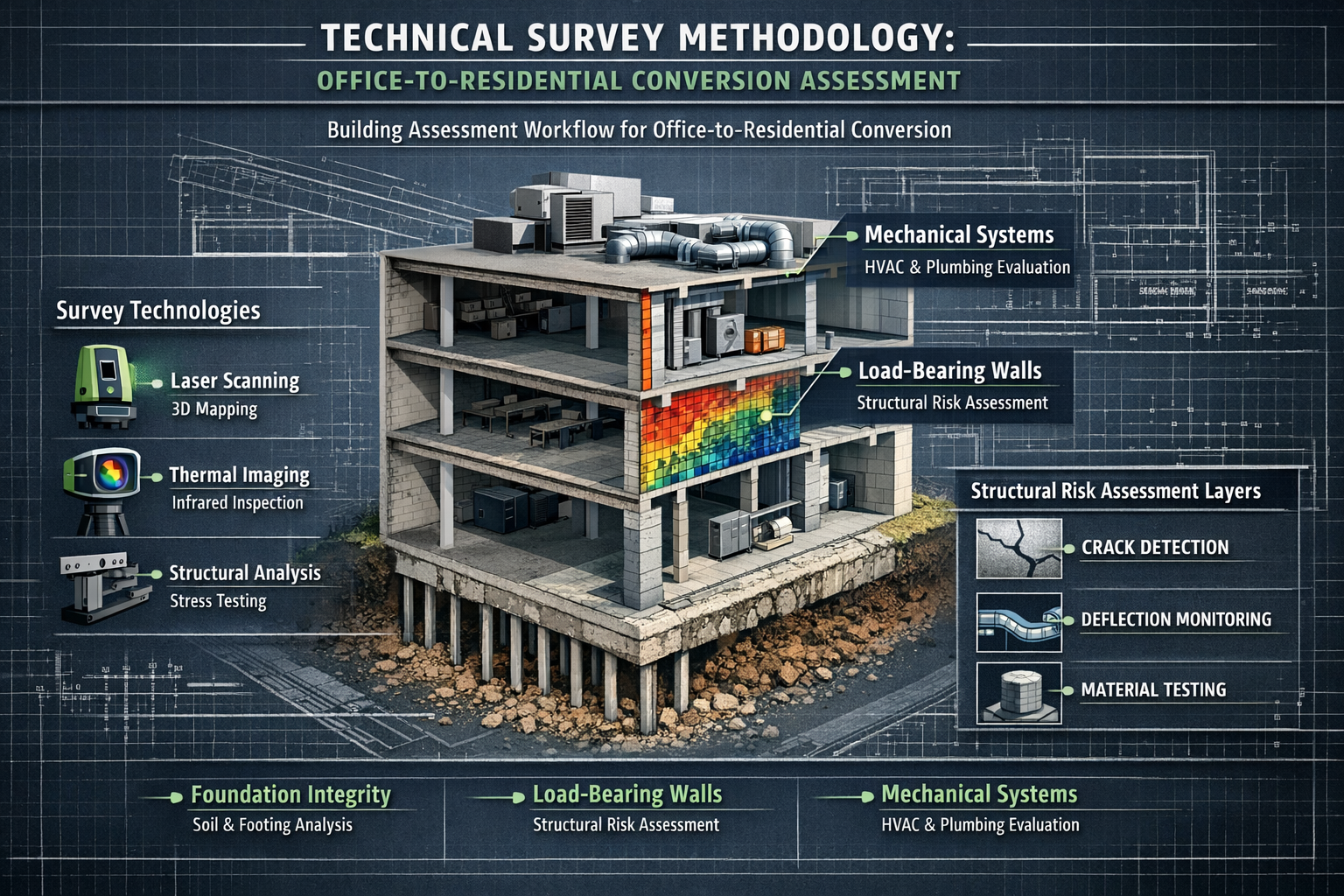 Technical survey methodology infographic displaying building assessment workflow for office-to-residential conversions, featuring detailed a