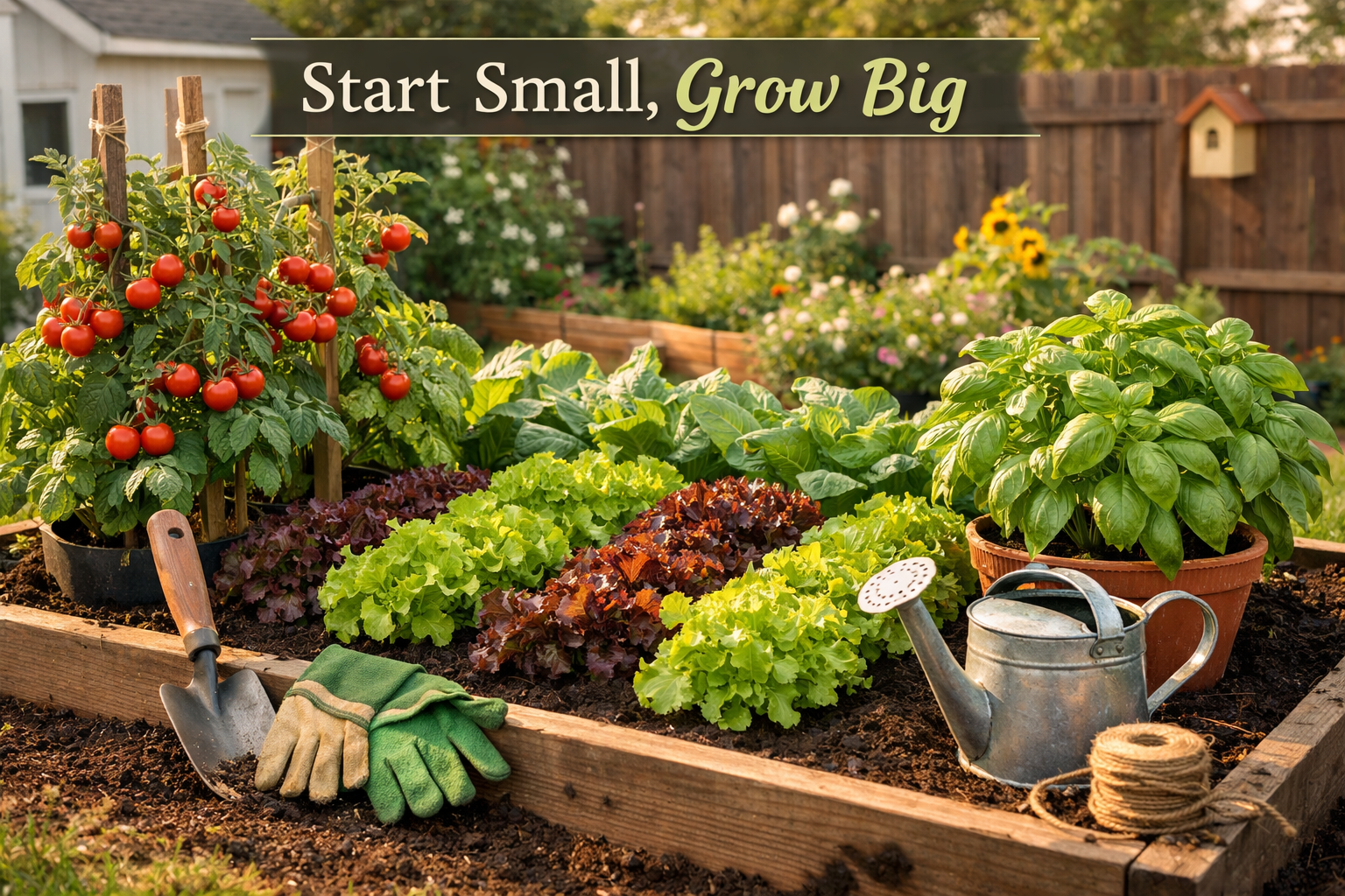 Detailed () image illustrating a diverse urban garden plot for beginners in the USA. The scene should feature various