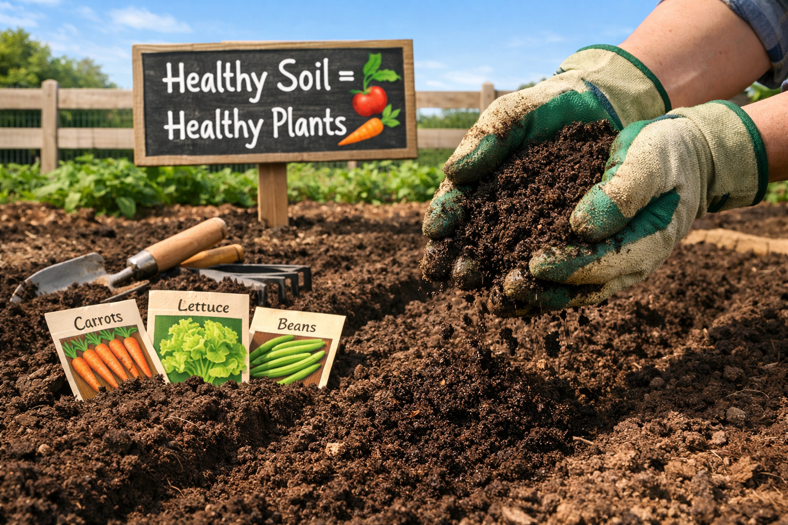 Detailed () image depicting the process of soil preparation and seed planting in a home garden for beginners. Show a pair of