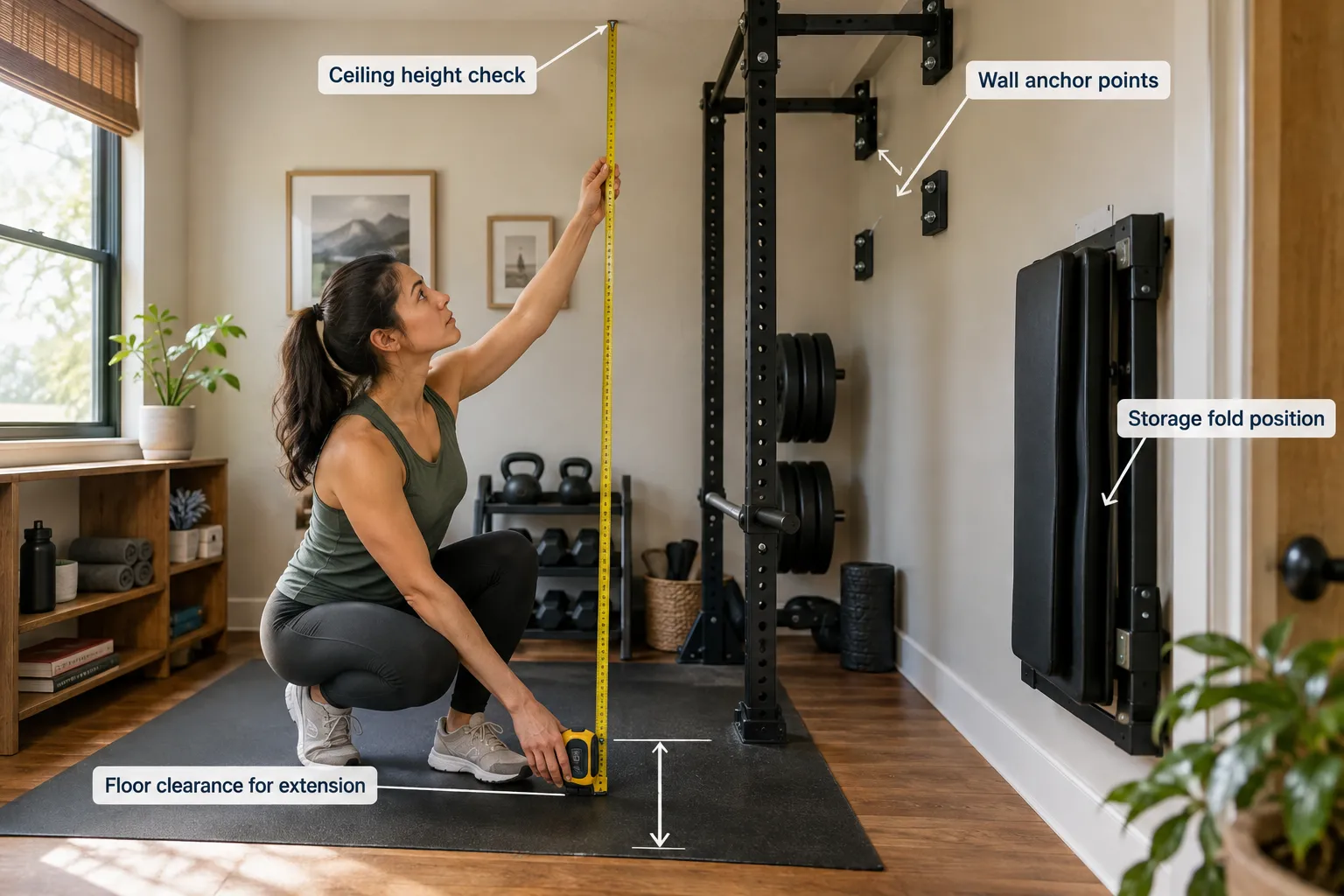 Best Multi Home Gym Equipment Annotated documentary photo of a small apartment corner converted into a home gym, with callout labels pointing to 'Floor clearance for extension', 'Ceiling height check', 'Wall anchor points', and 'Storage fold position'. Warm natural daylight, tape measure visible on the floor, realistic editorial photography, muted earth tone palette. Is A Multi Home Gym Worth It Versus Buying Separate Equipment