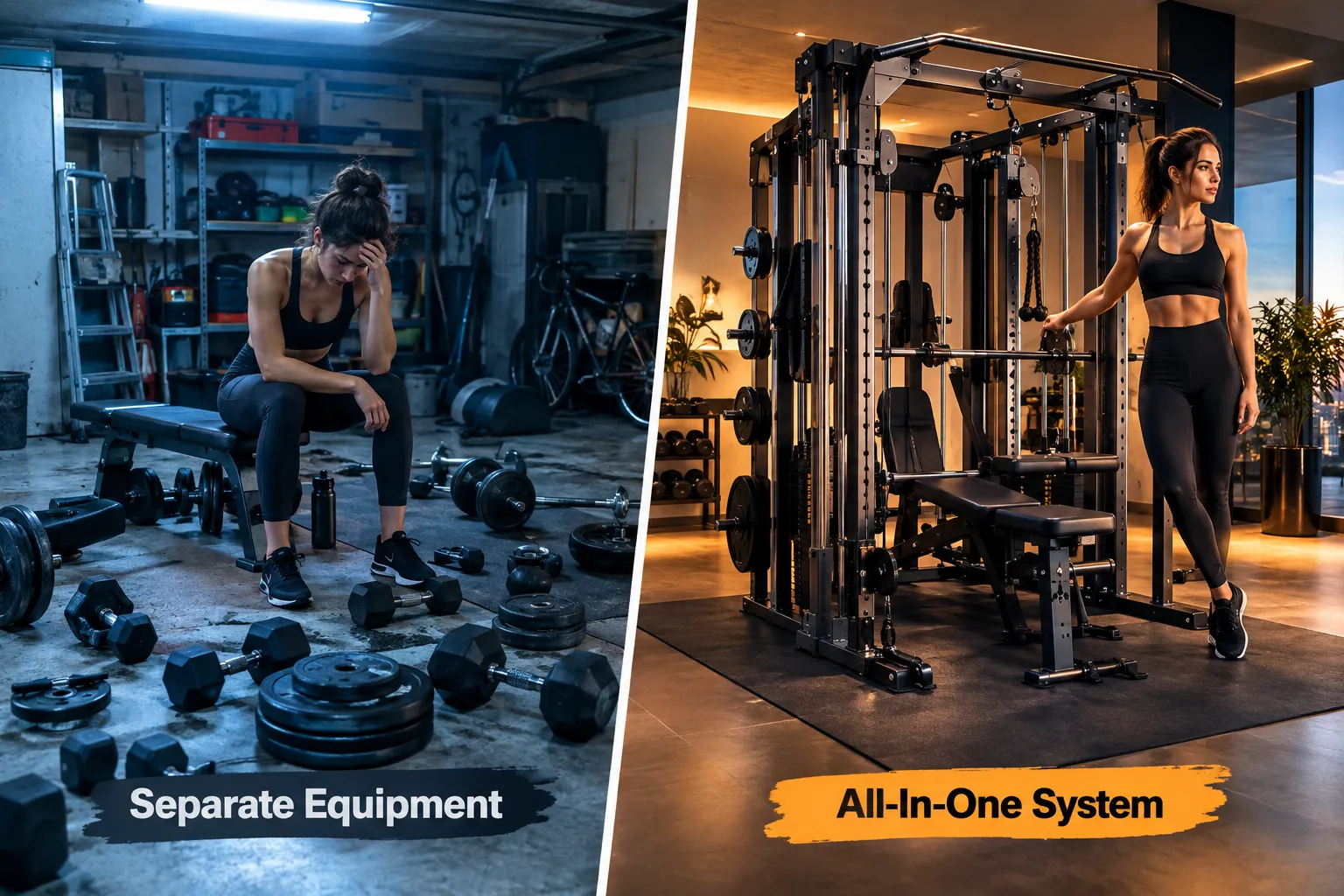 Best Multi Home Gym Equipment Split-screen before and after comparison image: left panel shows a cluttered garage with scattered dumbbells labeled 'Separate Equipment', right panel shows an organized multi-station gym tower labeled 'All-In-One System'. High contrast editorial lighting, magazine composition, cool blue and warm amber tones. Best Multi Gym For Bad Knees Or Shoulder Pain