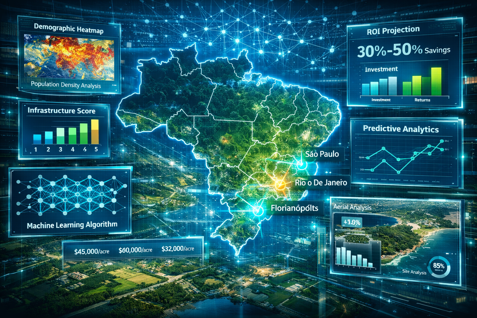Landscape format (1536x1024) detailed illustration showing AI-powered site selection technology in action across Brazilian geography. Centra