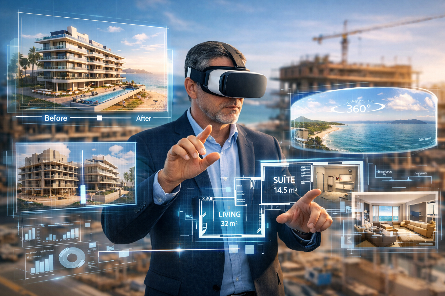 Landscape format (1536x1024) immersive scene depicting virtual reality property tour experience in Brazilian luxury development context. Cen