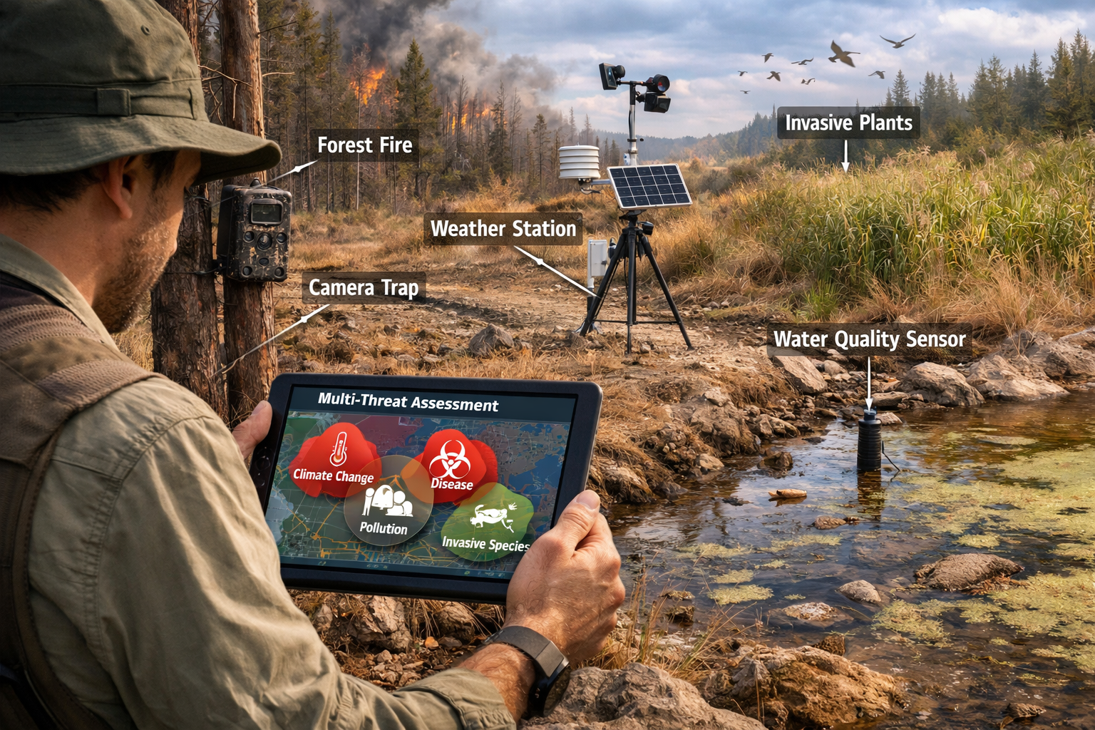 Detailed () image showing scientific field survey equipment setup in natural habitat with multiple monitoring stations