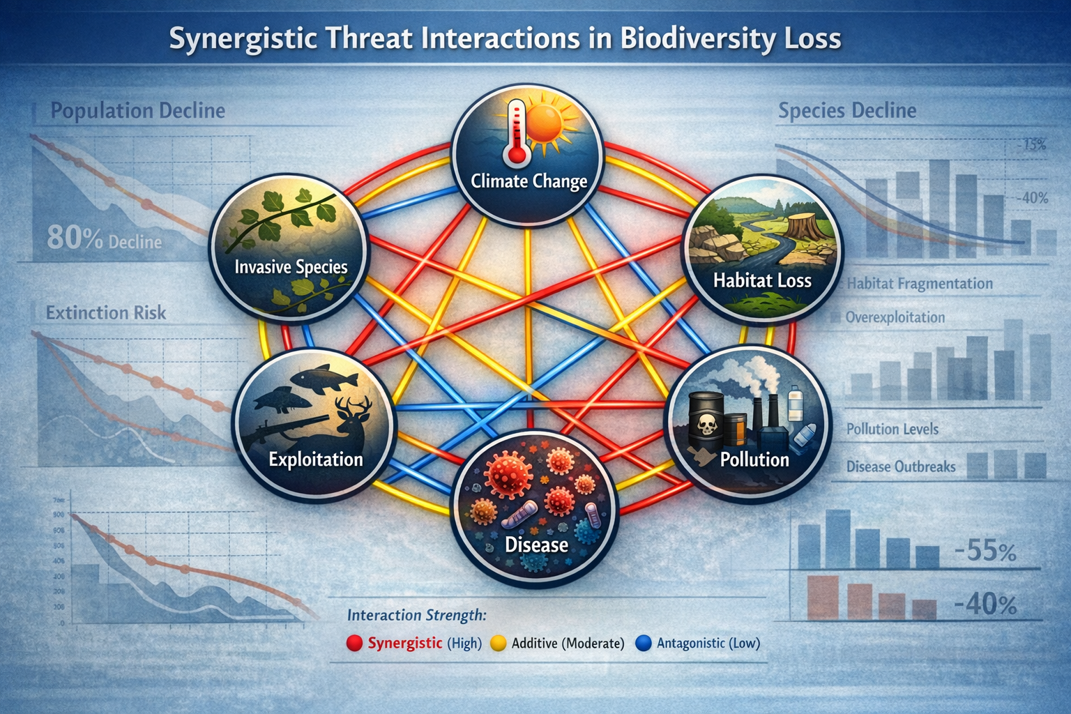 Detailed () conceptual diagram illustration showing synergistic threat interactions in biodiversity loss. Central image