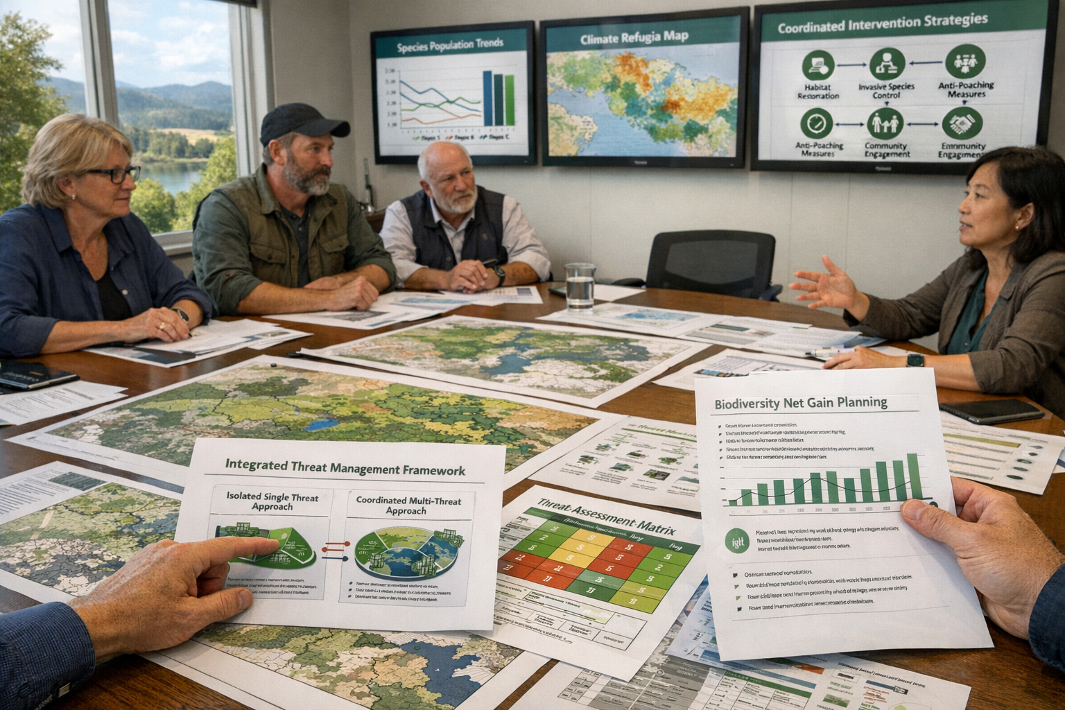 Detailed () image showing conservation planning workshop scene with multiple stakeholders collaborating around large table