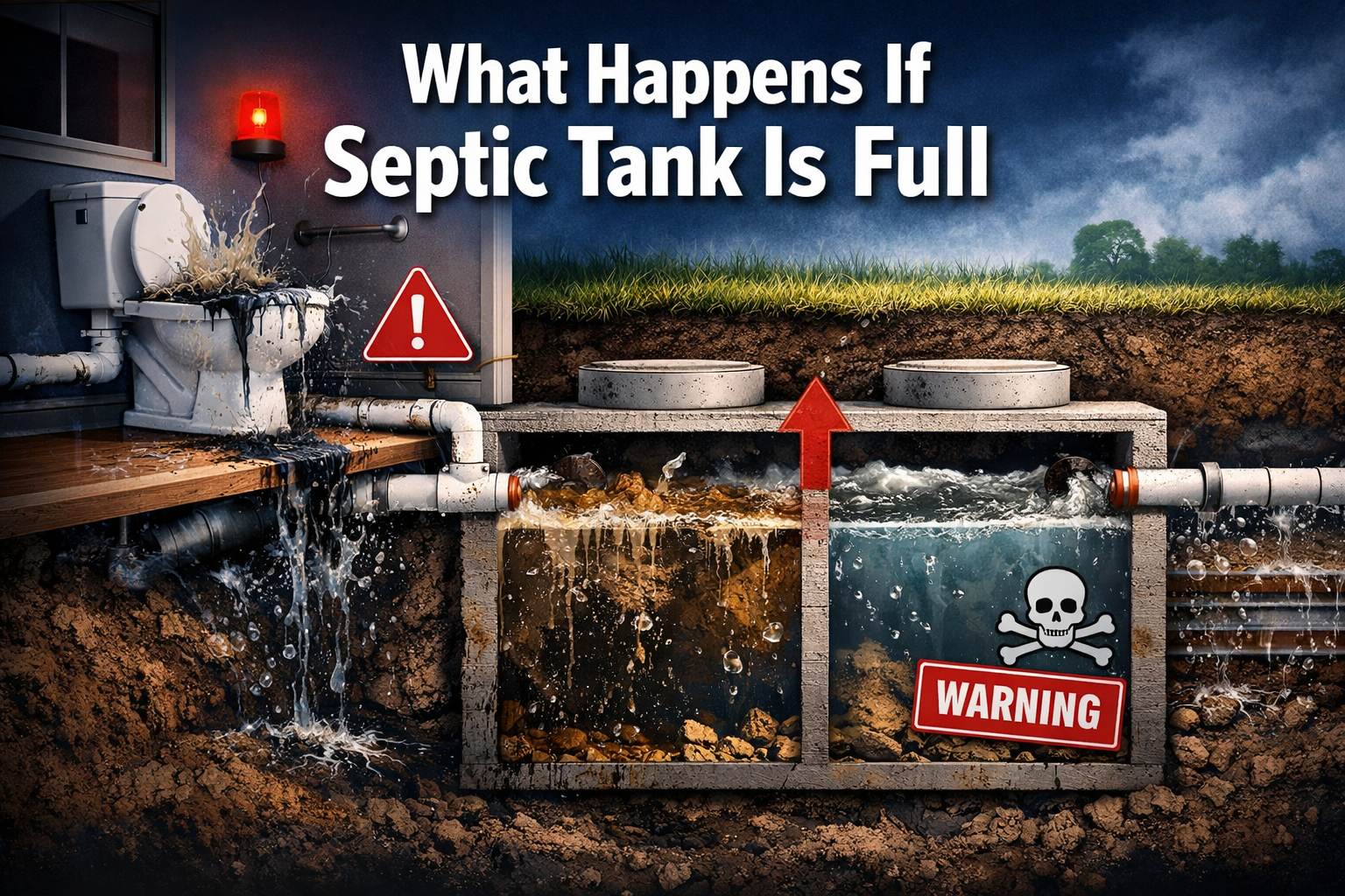 Professional landscape format (1536x1024) hero image featuring bold text overlay 'What Happens If Septic Tank Is Full' in extra large 72pt w
