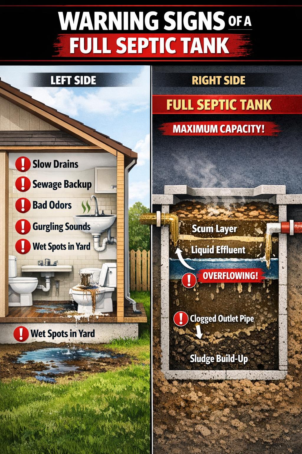 Portrait format (1024x1536) infographic showing warning signs of a full septic tank: slow drains, sewage backup, bad odors, gurgling sounds,