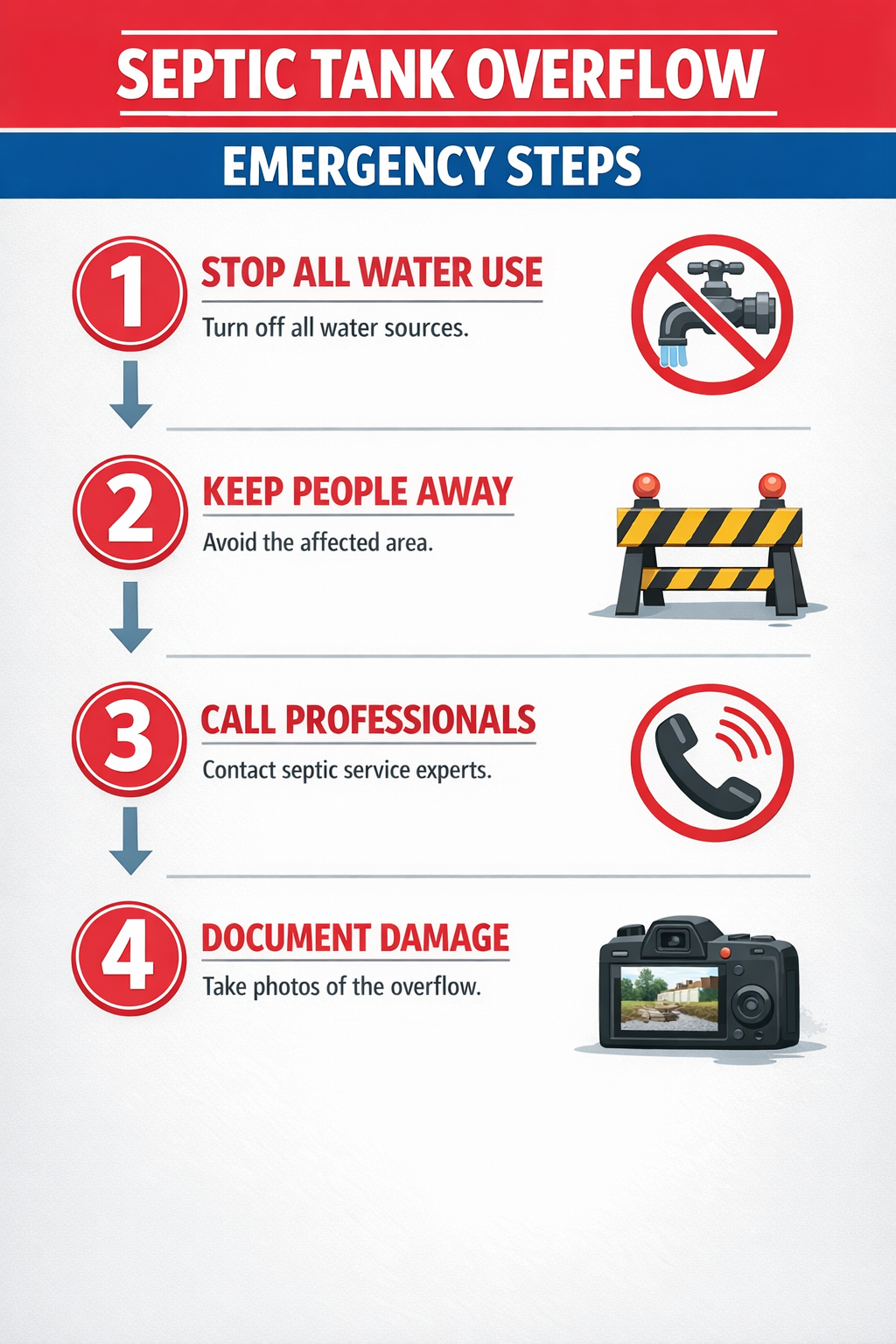 Portrait format (1024x1536) step-by-step emergency response infographic for septic tank overflow. Visual flowchart showing: 1) Stop all wate