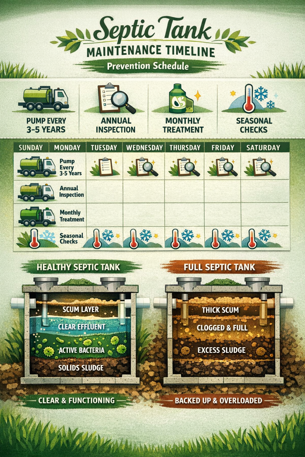 Portrait format (1024x1536) septic tank maintenance timeline infographic showing prevention schedule. Calendar layout displaying: pumping ev