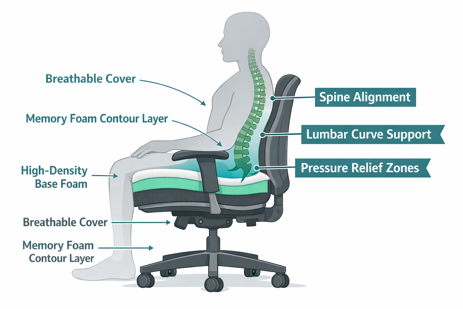 office chair with memory foam infographic-style illustration showing a cross-section diagram of an ergonomic office chair with memory foam