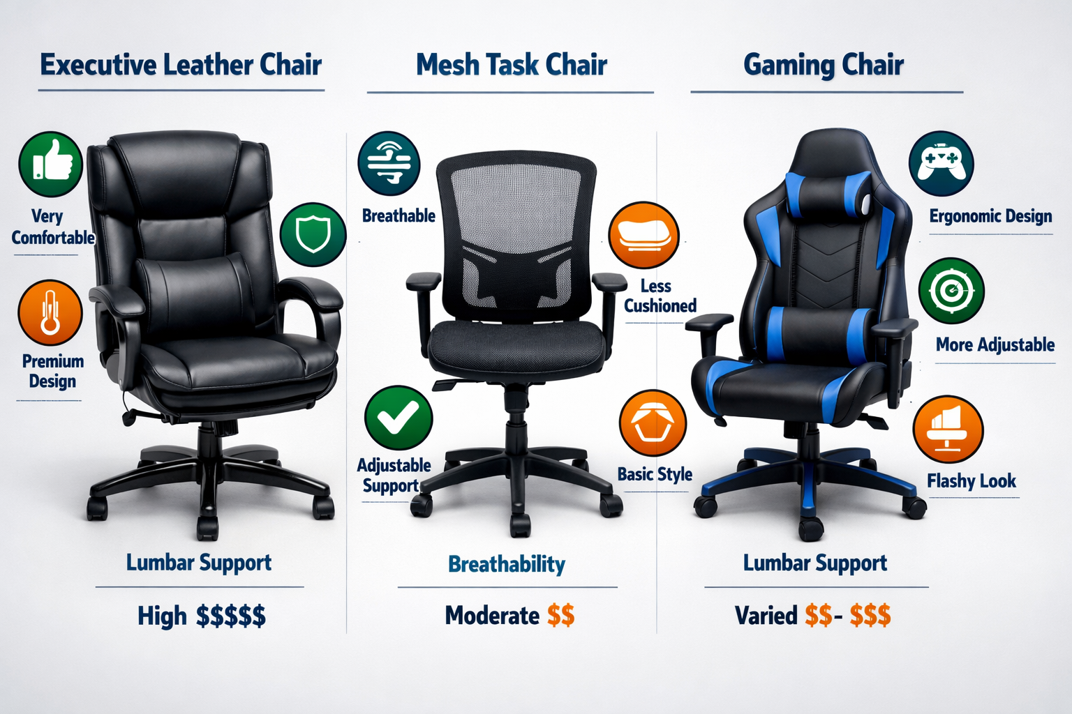 Office Chair With Memory Foam Detailed side-by-side comparison visual showing three office chair types: executive leather chair with memory foam