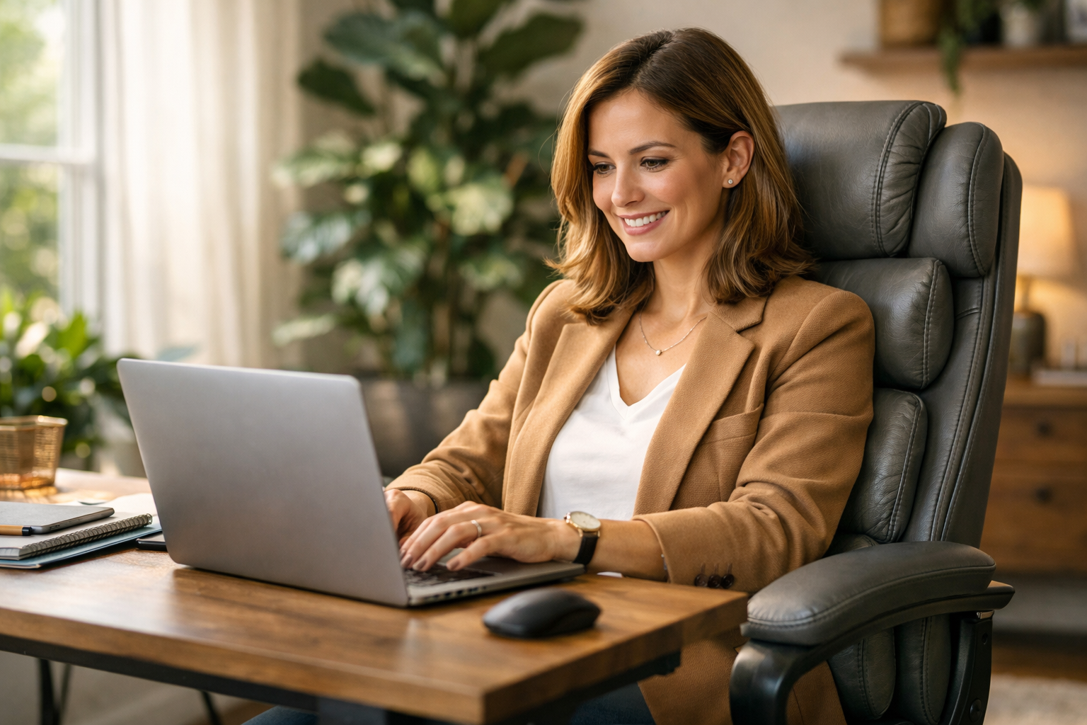 Office Chair With Memory Foam Detailed () lifestyle photograph of a professional woman sitting comfortably in a gray bonded leather executive office chair
