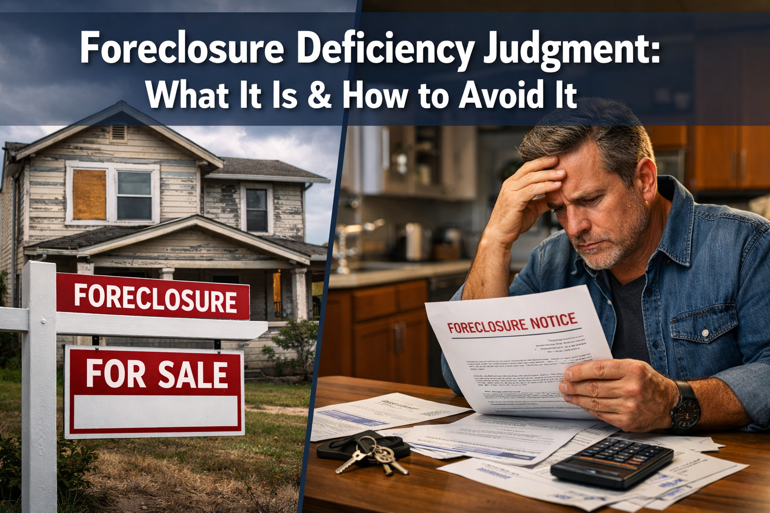 Professional landscape hero image (1536x1024) featuring bold text overlay 'Foreclosure Deficiency Judgment: What It Is & How to Avoid It' in