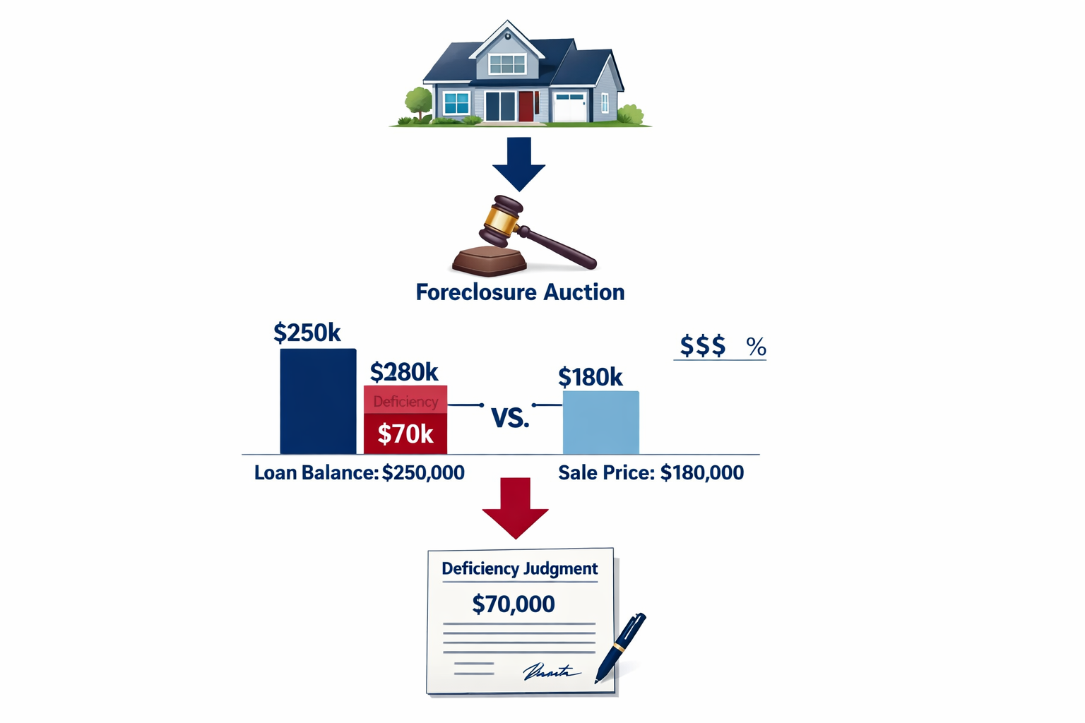 Detailed infographic-style landscape image (1536x1024) showing the foreclosure deficiency judgment process as a flowchart diagram. Visual el