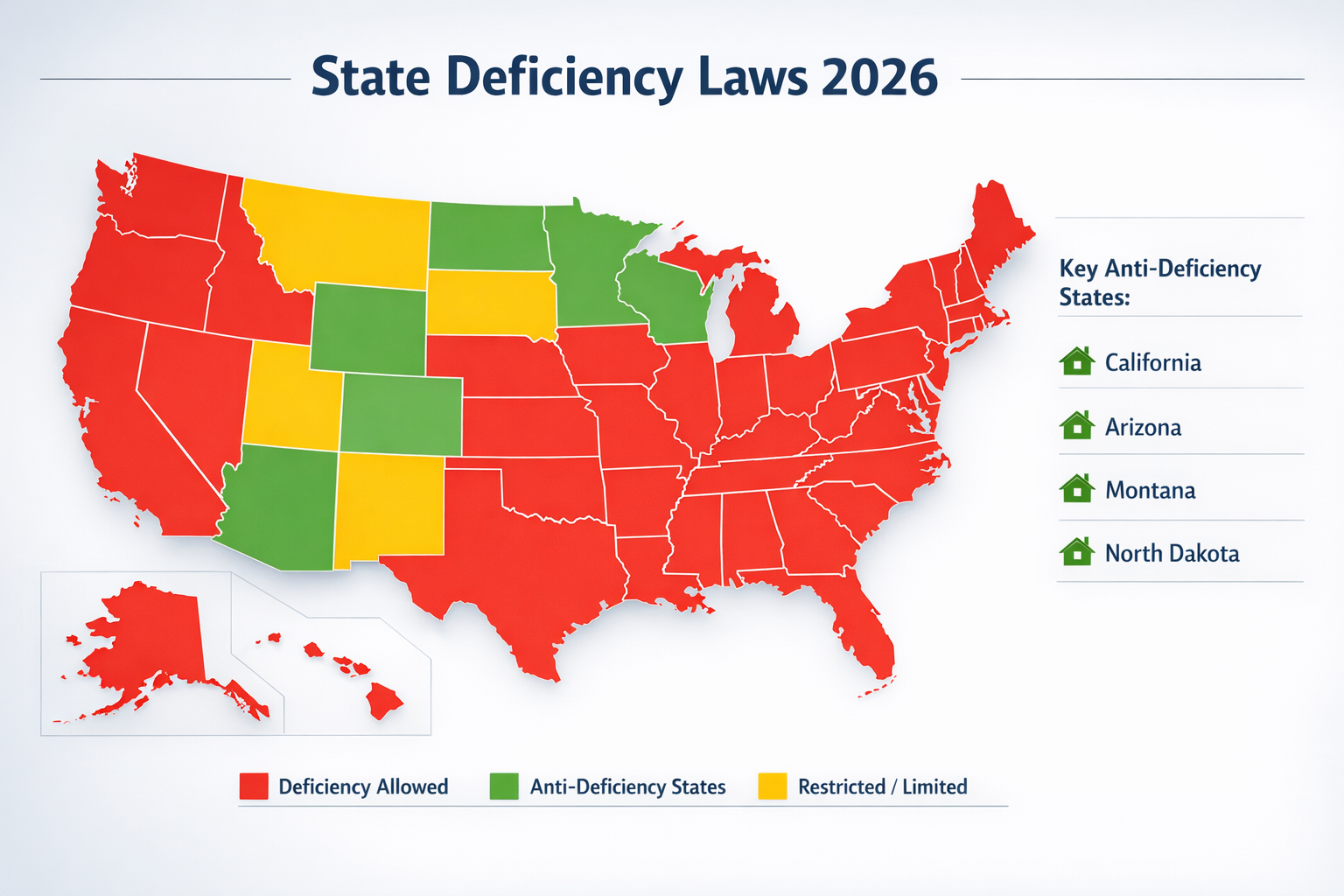 Comprehensive landscape image (1536x1024) displaying a state-by-state map of the United States color-coded to show deficiency judgment laws.