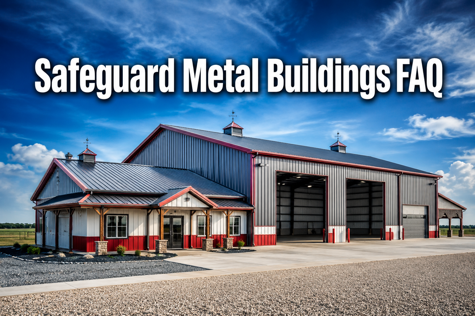 Professional () hero image featuring 'Safeguard Metal Buildings FAQ' in extra large white with deep charcoal effect,