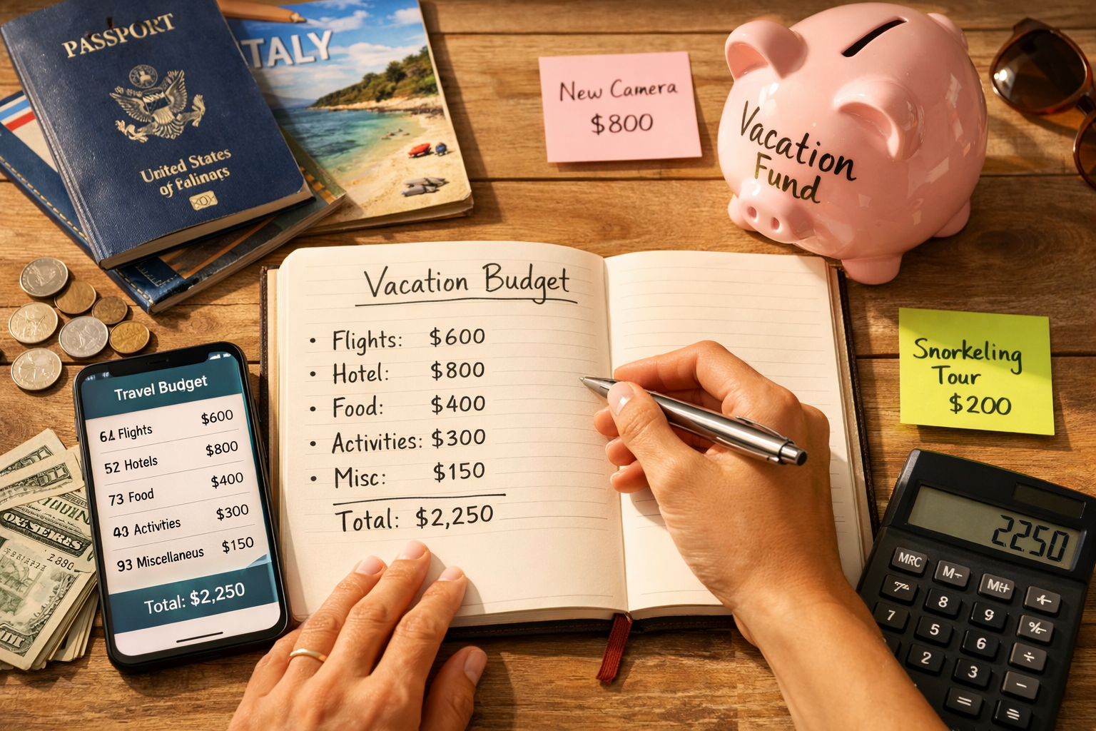 Landscape format (1536x1024) editorial image showing detailed vacation budget planning scene with hands writing in planner, smartphone displ