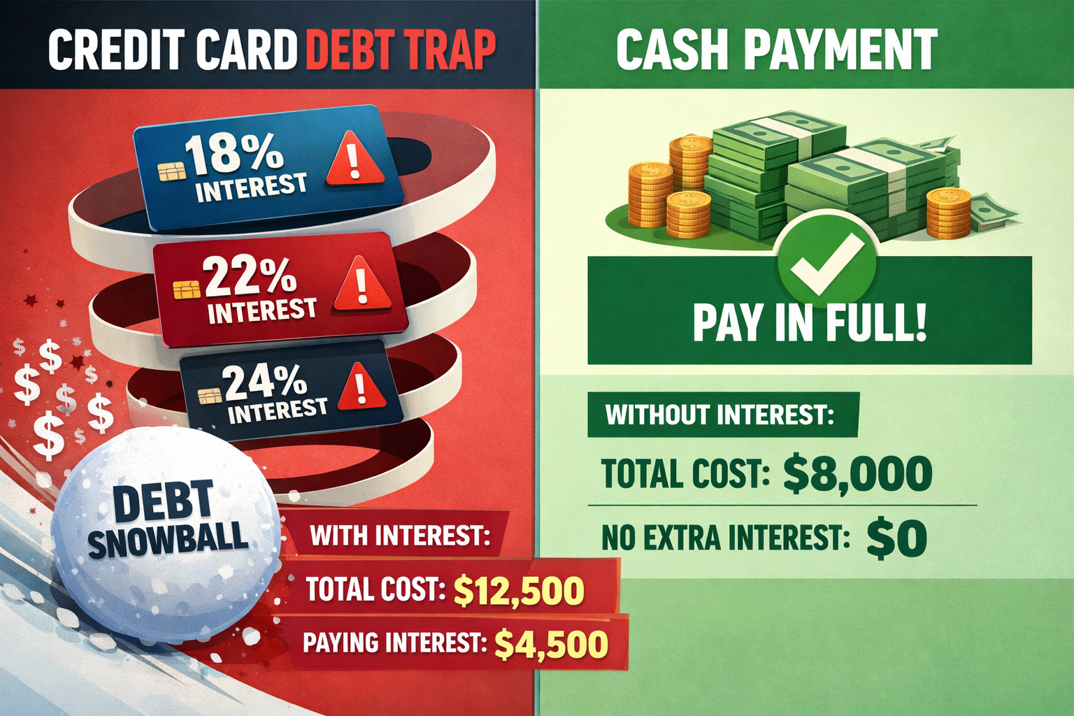 Landscape format (1536x1024) infographic-style image displaying credit card debt trap visualization with multiple credit cards arranged in d