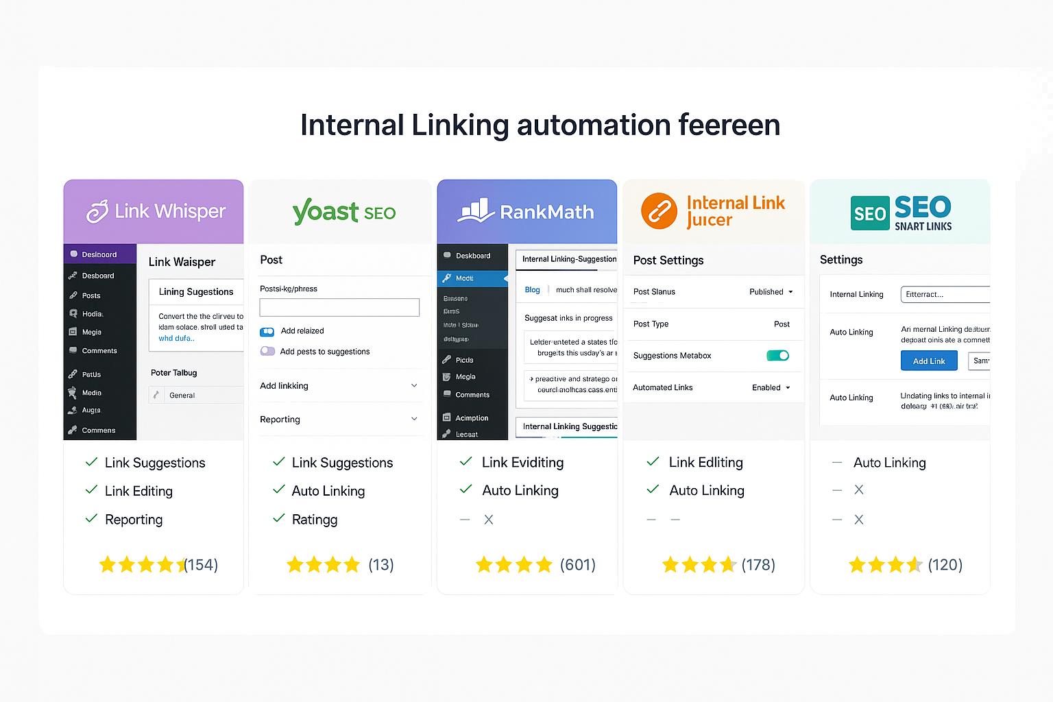 WordPress plugin comparison dashboard (1536x1024) displaying five distinct plugin interfaces side-by-side, each showing internal linking aut