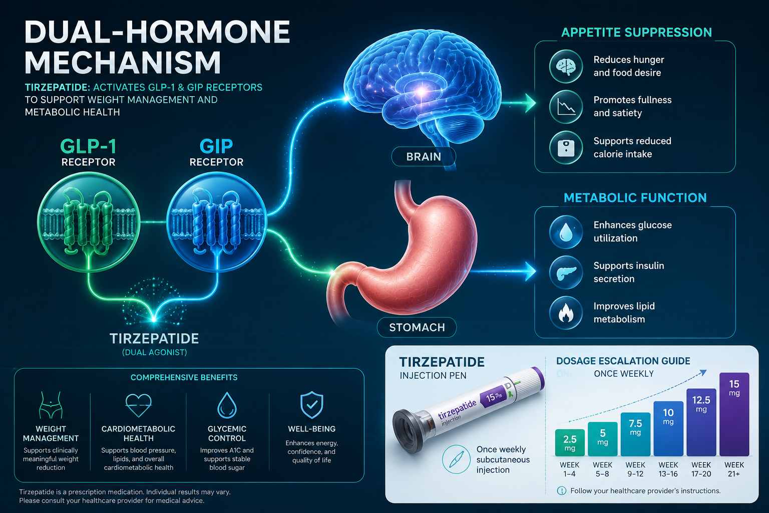 Detailed () informational graphic showing a dual-hormone mechanism diagram: two receptor icons labelled GLP-1 and GIP