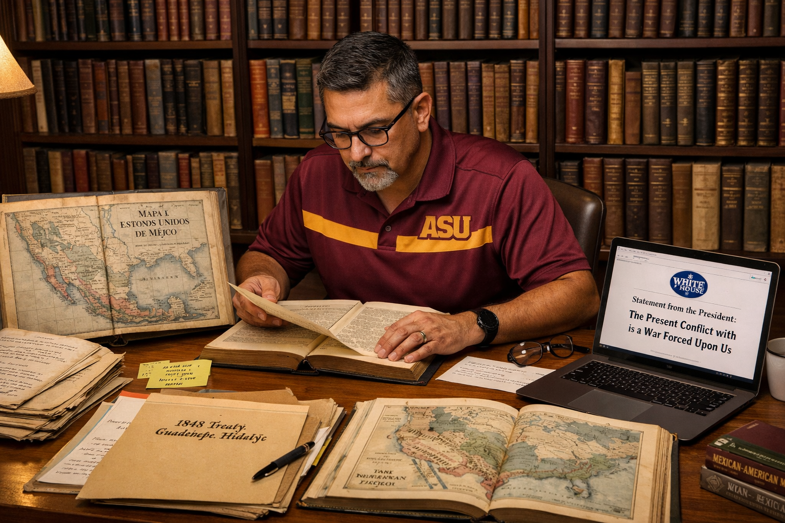 Landscape format (1536x1024) image showing academic historians in university library setting, professor Alexander Aviña from Arizona State U
