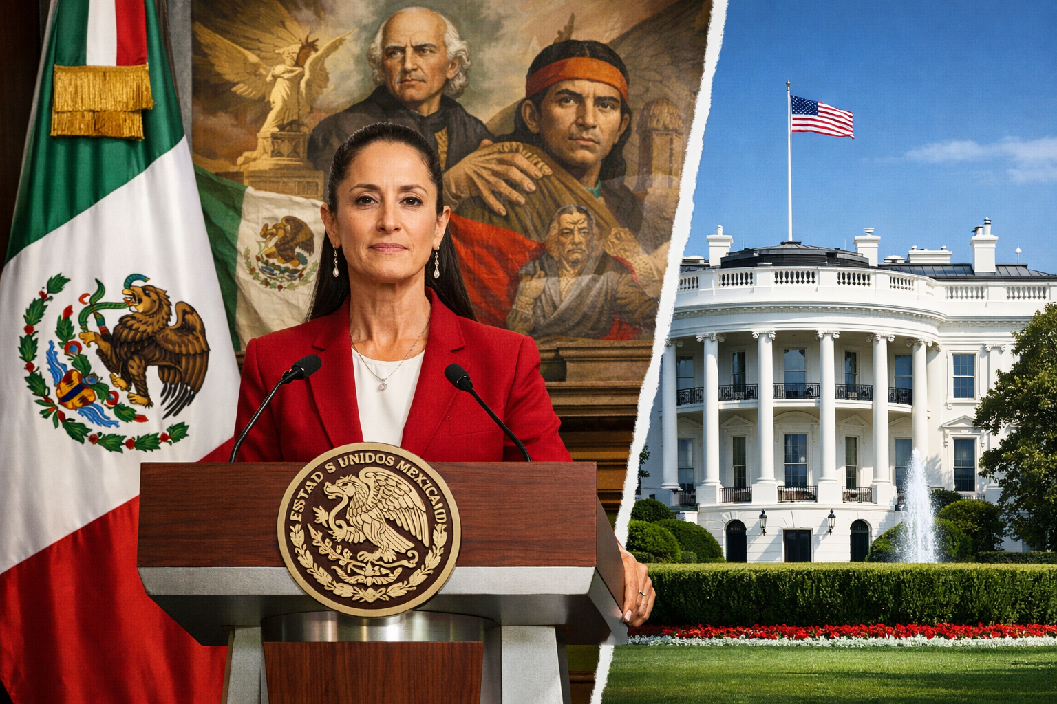 Landscape format (1536x1024) image depicting Mexican President Claudia Sheinbaum at official podium with Mexican flag and national seal, str
