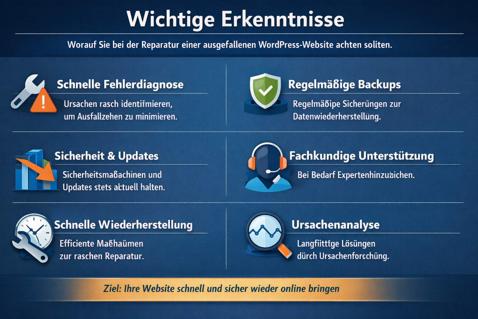 Professional infographic for article "WordPress Website Ausgefallen Reparatur: Der vollständige Leitfaden 2026", section: