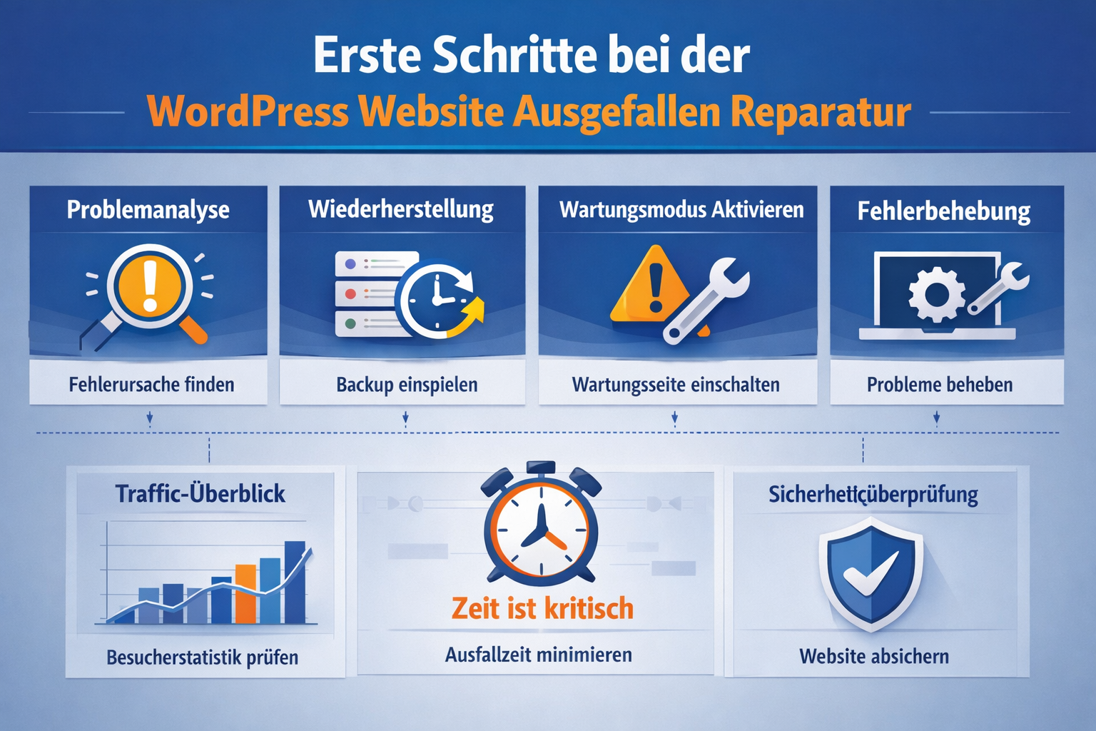 Professional infographic for article "WordPress Website Ausgefallen Reparatur: Der vollständige Leitfaden 2026", section: