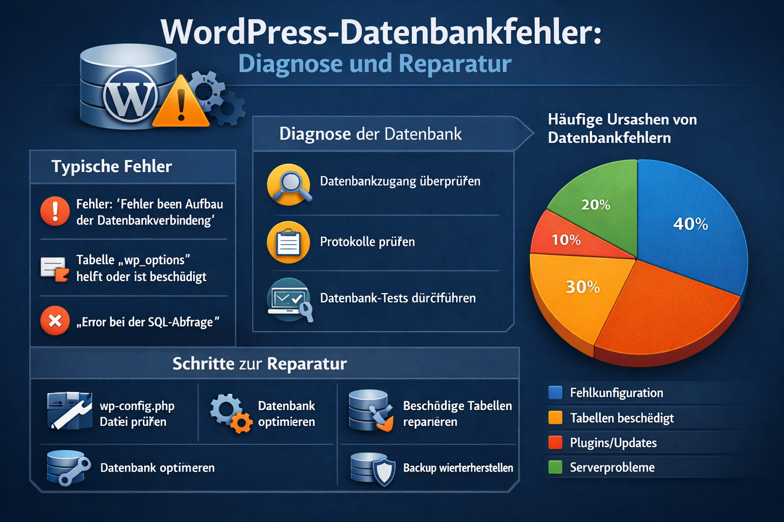 Professional infographic for article "WordPress Website Ausgefallen Reparatur: Der vollständige Leitfaden 2026", section: